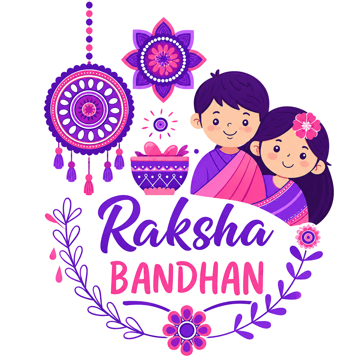 Illustration of a brother and sister celebrating Raksha Bandhan, with a decorative rakhi, flowers, and sweets